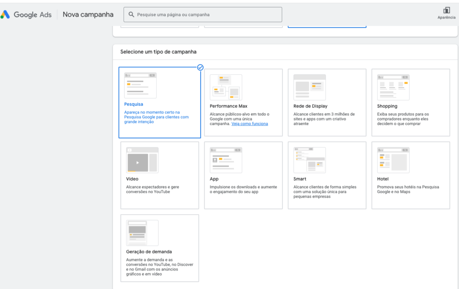 imagem do início de criação de uma campanha para hotel na rede de pesquisa do Google