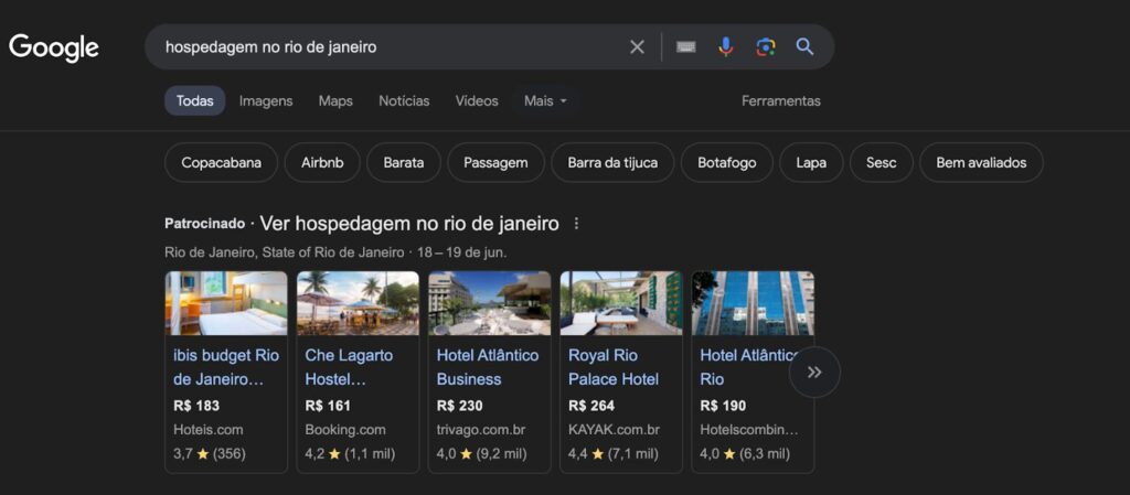 imagem de exemplo de resultados do Google Hotel Ads